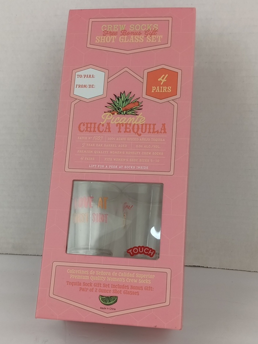 Picante Chica Tequila Crew Sock & Shot Glass Gift Set - Pink